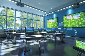 Fototapete - A contemporary classroom featuring interactive panels and AI assistants, creating a modern and engaging learning environment. Generative AI