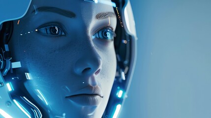 Poster - Close-up of a humanoid robot face, showcasing futuristic tech chatbot assistance and auto conversation. Background for copy space on future digital technology and artificial intelligence concepts.