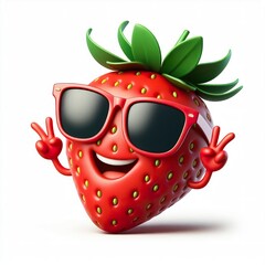 Wall Mural - 3D cartoon of a Happy strawberry fruit wearing sunglasses isolated white background