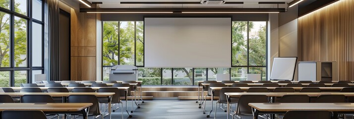 Fototapete - A modern and inviting classroom or study space equipped with interactive panels and AI assistants. Generative AI