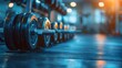 © horizon - A gym with dumbbells and weights on the rack, blurred background, light blue color theme, bright daylight.