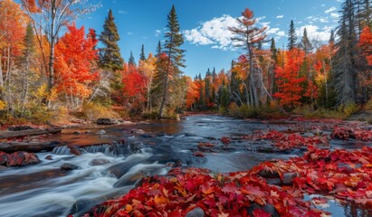 Sticker - A stunning autumn forest with vibrant red and orange leaves, a serene river flowing through the scene, and a clear blue sky