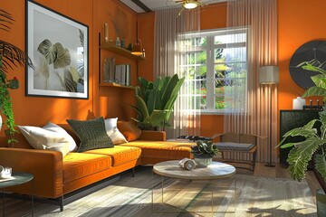 Aufkleber - A fully renovated living room with orange walls, modern furniture, and stylish decor. Generative AI