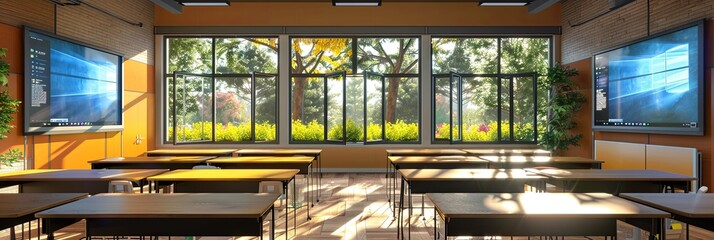 Fototapete - A contemporary classroom featuring interactive panels and large windows overlooking a natural landscape, creating an engaging and modern learning environment. Generative AI