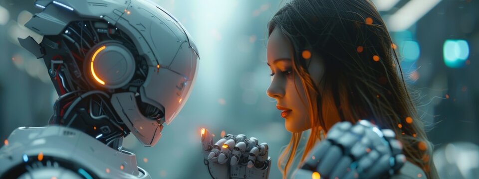 Technology: A futuristic robot interacting with a human, showcasing advanced AI and human-machine collaboration.