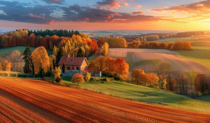 Wall Mural - An idyllic countryside scene with rolling fields, scattered autumn trees, and a cozy farmhouse nestled among the fall colors, under a vivid sunset sky