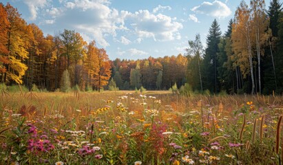 Sticker - A beautiful autumn meadow with tall grasses and wildflowers in warm fall tones, bordered by a dense forest of trees in full autumn splendor