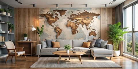 Poster - Cozy modern living room with a world map decoration on the wall, cozy, modern, living room, world map, decoration