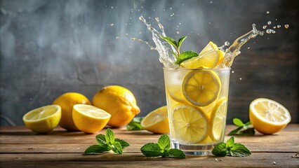 Poster - Splash in a glass of refreshing lemonade with sliced lemons, splash, glass, lemonade, refreshing, drink, cold
