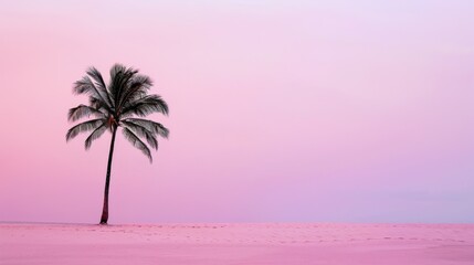 Silhouette of a palm tree on the sand with a pastel purple or pink horizon. copy space. palm tree against a pink sunset background