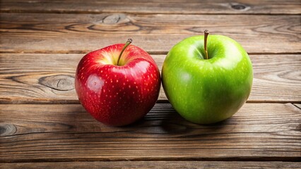 Wall Mural - Two fresh red and green apples on a wooden table, apples, fruit, red, green, fresh, healthy, organic, vibrant, contrast, snack