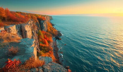 Wall Mural - A dramatic coastal landscape where a rugged cliffside is adorned with autumn foliage, overlooking a serene ocean under a clear, golden-hued sky