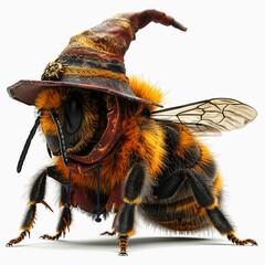 Wall Mural - 3D Bee wizard cartoon wearing magic robe and magic hat. Realistic Bee magician.