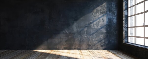 Wall Mural - empty room with a dark textured wall and wooden floor, illuminated by natural light from a large win