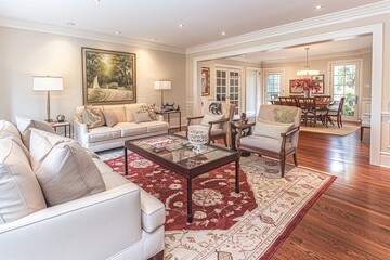 Poster - A beautifully decorated living room with modern furniture, a large area rug, and hardwood floors. Generative AI