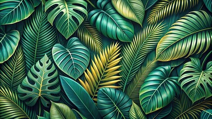 Wall Mural - Dense and elegant fresh tropical foliage pattern , lush, vibrant, leaves, tropical, exotic, greenery, botanical, nature