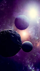 Wall Mural - sun from another galaxy and exoplanets, stars and planets from distant universes. 3d rendering