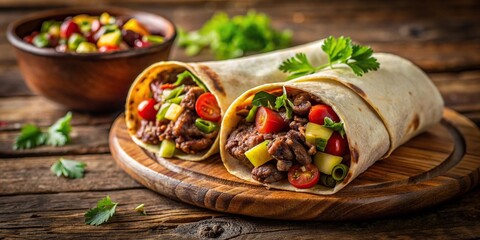 Wall Mural - Rustic Mexican beef burrito with elegant presentation , Mexican, beef, burrito, food, rustic, elegant, traditional, savory
