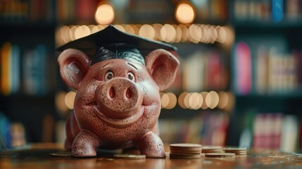 Piggy bank wearing a graduation cap, symbolizing savings for education. Coins are scattered around it, and the background features a warmly lit bookshelf.