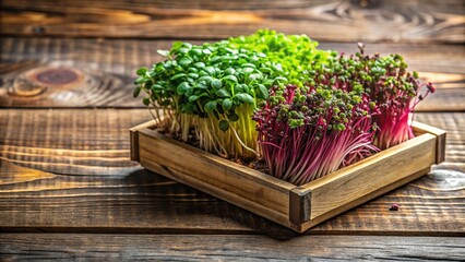 Wall Mural - Vivid microgreens in a rustic wooden tray on a table , Ecological, fresh, organic, sustainable, green, healthy