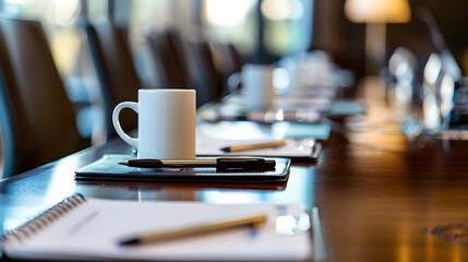 A detailed image of a conference room table with laptops, notepads, and coffee cups.


