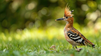 Wall Mural - Eurasian hoopoe a wild bird searching for food on a grassy field