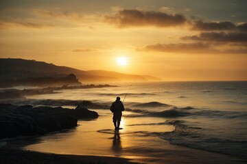 Wall Mural - Silhouette of fishing man on coast of sunset sea