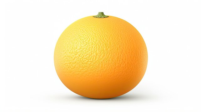 3D rendering of a realistic orange. The orange has a smooth, textured surface and a green stem. It is set against a white background.