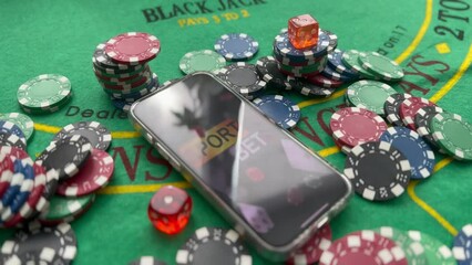 Wall Mural - Smartphone with poket table on screen, playing cards and chip cards on poker table. Online casino.