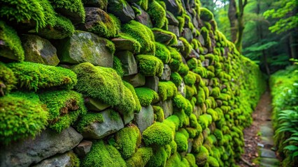 Wall Mural - Rock wall covered in lush green moss, nature, outdoor, texture, stone, environment, growth, surface, background, organic, landscape