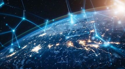 Poster - A global communication technology and telecommunication financial network is illustrated in a blue-toned image, symbolizing its extensive reach across planet Earth.