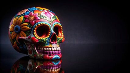 Colorful Mexican calavera skull on dark reflective background, mexican, calavera, skull, colorful