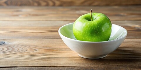 Wall Mural - Fresh green apple in a white bowl on a wooden table, healthy, fruit, organic, natural, snack, delicious, vibrant, nutrition