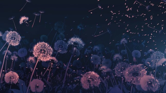 Field of dandelions dispersing seeds at night, whimsical and serene nature concept