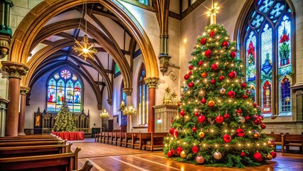 Wall Mural - Christmas tree beautifully decorated in a church, Christmas, tree, church, decoration, lights, ornaments, festive