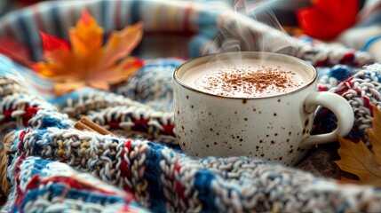 Poster - Chai Latte and Wool Blanket: A steaming cup of chai latte with a sprinkle of cinnamon, set on a cozy wool blanket.