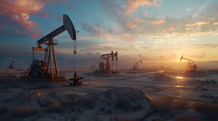 Oil wells and oil derricks at sunset in the desert, with copy space area for text or logo. which produce black liquid fuel such as motorbike engine oil.