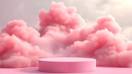 Wall Mural - A pink cloud filled sky with a pink and white cloud in the middle. Background podium pink. Podium stage minimal abstract background beauty dreamy space studio pedestal smoke showcase geometric white