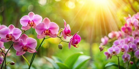 Wall Mural - Pink orchid blossoms in a lush green garden , flowers, pink, orchids, blossoms, lush, greenery, garden, nature, vibrant, exotic