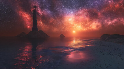 Wall Mural - dusk on a beach of a distant alien planet with a colorful night sky.