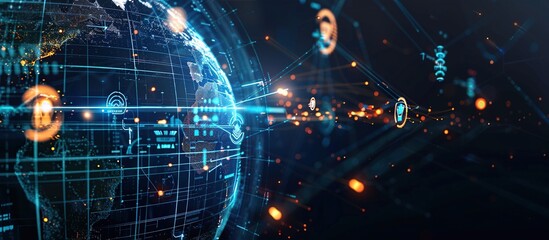Poster - Cyber technology, information exchange and international telecommunication. Digital world globe concept.