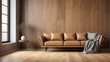 © free - Interior home of living room with brown leather sofa on empty wooden wall copy space, hardwood floor