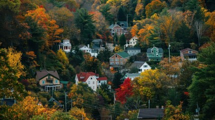 Wall Mural - A picturesque hillside covered in colorful autumn foliage, with a quaint village below.