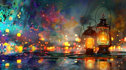 Glowing lanterns and fairy lights casting a warm glow amidst a backdrop of colorful splashes on a white surface.