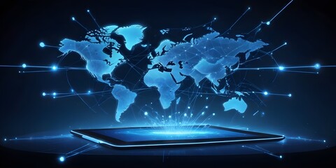 Wall Mural - An isolated futuristic digital map of the world background with glowing blue continents surrounded by glowing spheres representing global connectivity 