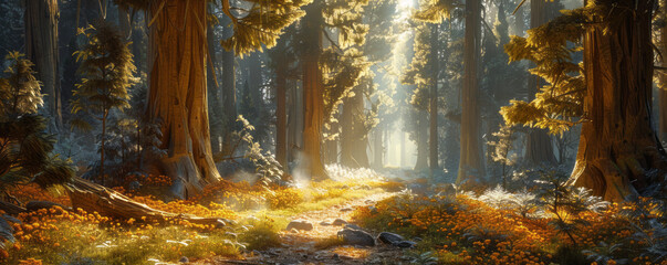 Poster - Ancient sequoia forest with towering trees and filtered sunlight, woodland giants, arboreal wonder.