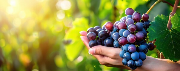 Wall Mural - A hand holding a bunch of grapes. The grapes are red and are hanging from a vine. Concept of abundance and freshness, as the grapes are ripe and ready to be picked. Free copy space for text.