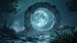 © enterdigital - Mystical landscape with a giant moon through a stone ring under a starry night sky. Serene and enchanting nature scene with moonlight glow.