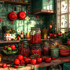 Wall Mural - A sauce tomato and chili background. a mock up illustration of a sauce with tomato. hot sauce jars