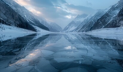 Wall Mural - A peaceful frozen lake surrounded by snow-capped mountains, with the soft light of dawn reflecting off the icy surface
